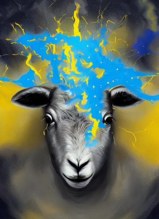 Image similar to a painting of a lamb's face with blue and yellow smoke coming out of, wearing a crown of thorns, a digital painting by petros afshar, behance contest winner, digital art, behance hd, digital illustration, digital painting