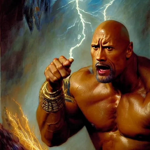 Image similar to dwayne johnson as stunning male master wizard casting thunder spell, highly detailed painting by gaston bussiere, craig mullins, j. c. leyendecker, 8 k