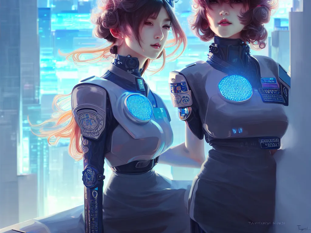 Image similar to portrait futuristic police girl, at future neon light tokyo rooftop, ssci - fi and fantasy, intricate and very very beautiful and elegant, highly detailed, digital painting, artstation, concept art, smooth and sharp focus, illustration, art by tan zi and ayanamikodon and alphonse mucha and wlop