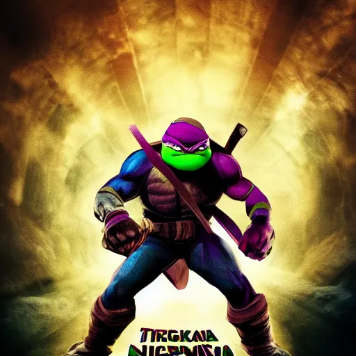 Image similar to teenage mutant ninja turtle, epic action movie poster, hyper realistic award winning photography, epic volumetric lighting, colorful, stunning glowing eyes