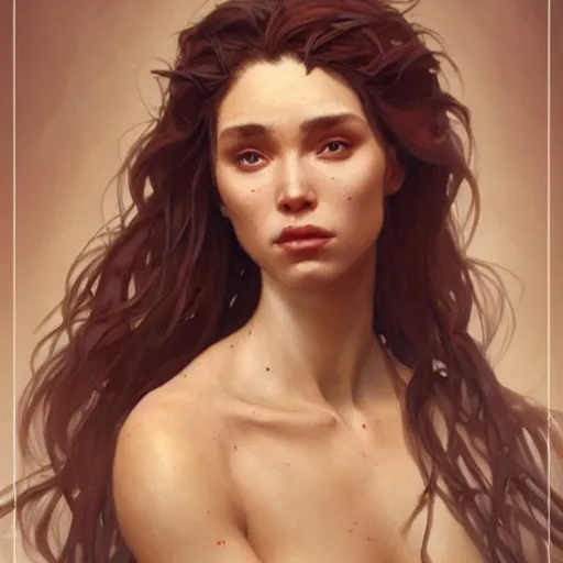 Prompt: a neanderthal woman, painted by artgerm and greg rutkowski and alphonse mucha