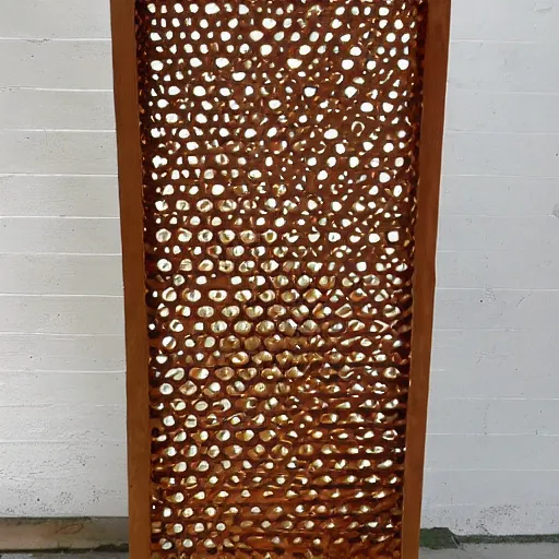 Image similar to physical honeycomb pattern wooden sculpture 10 feet tall golden inset ornate detail free standing installation