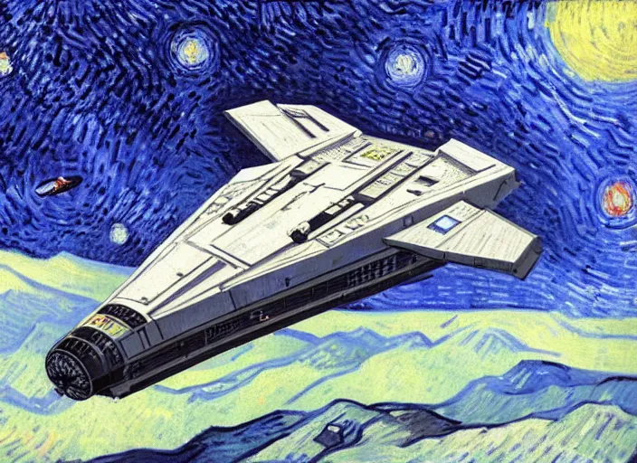 Prompt: an oil painting of a Star Wars spacecraft called the Lambda-class T-4a Imperial Shuttle from, by Vincent van Gogh,