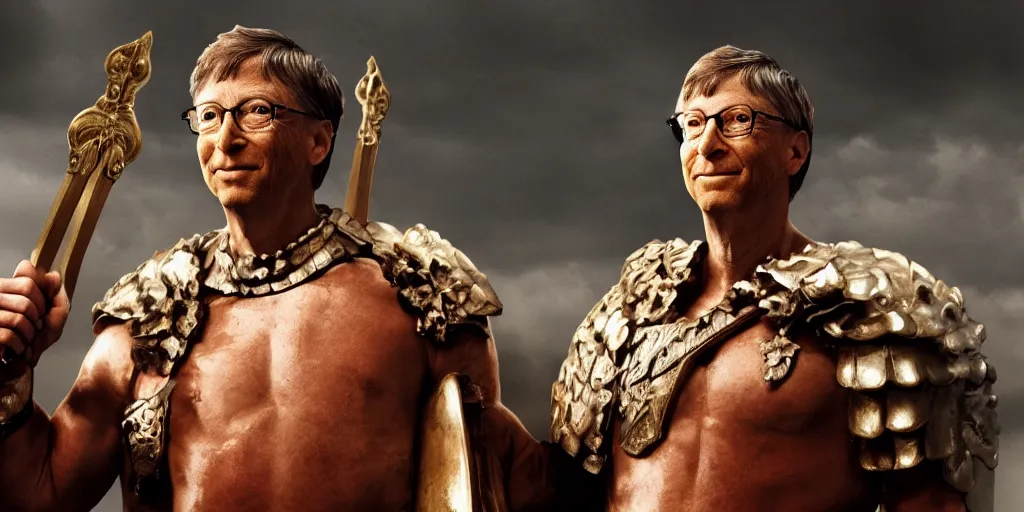 Image similar to bill gates as a glorious buff roman warrior, cinematic, dramatic lighting