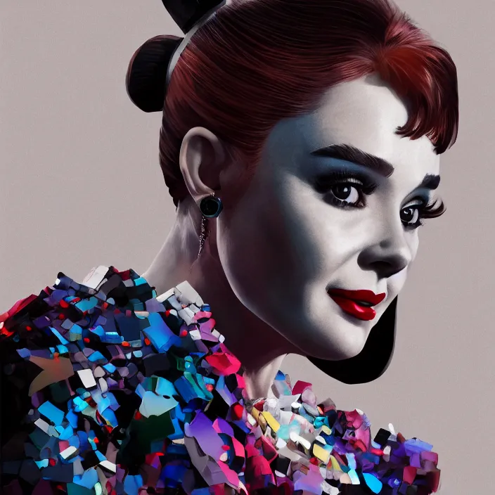 Image similar to portrait of Audrey Hepburn as a harley quinn. intricate abstract. intricate artwork. by Tooth Wu, wlop, beeple, dan mumford. octane render, trending on artstation, greg rutkowski very coherent symmetrical artwork. cinematic, hyper realism, high detail, octane render, 8k, iridescent accents