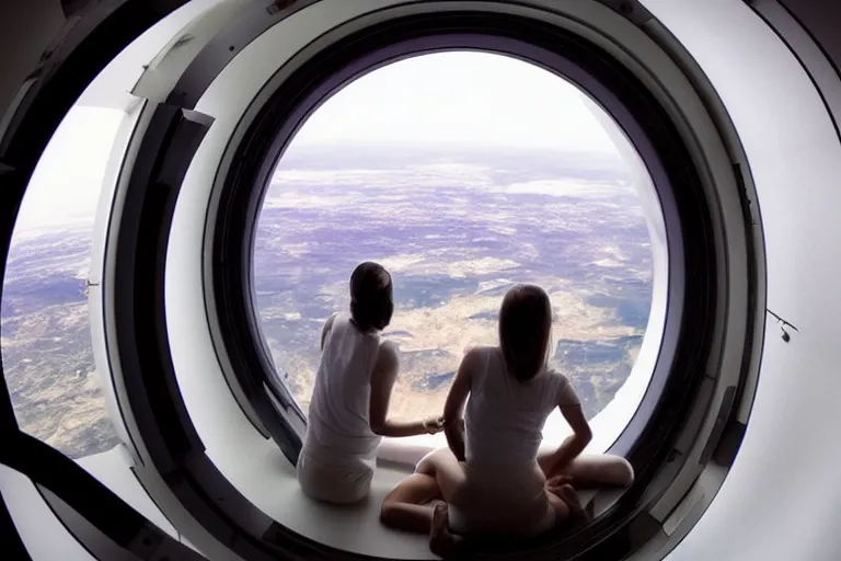 Image similar to sci-fi scene of space tourists in glamourous spaceship bedroom looking out large circular window at earth orbit By Emmanuel Lubezki