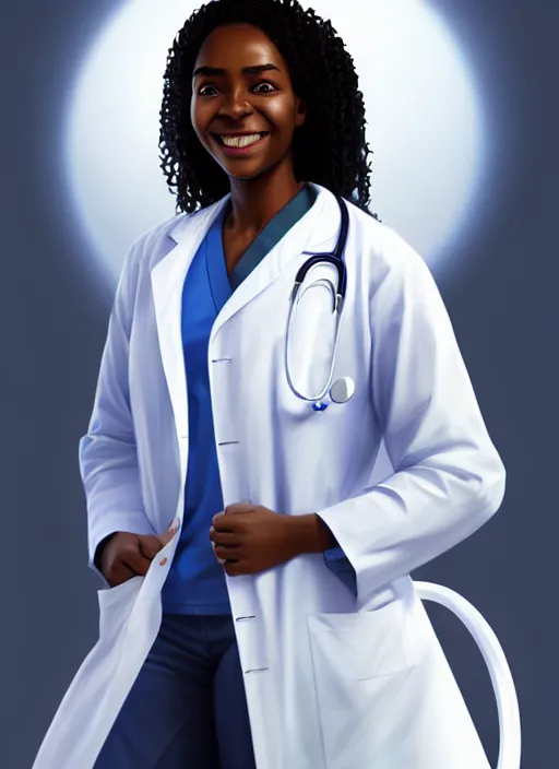 Prompt: full body portrait of young black woman with as a doctor, blue scrubs and white coat, intricate, beaming smile, angelic halo, highly detailed, digital painting, artstation, concept art, smooth, sharp focus, illustration, art by wlop, mars ravelo and greg rutkowski