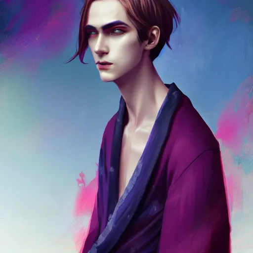 Image similar to colorful and festive captivating teenager boy with straight indigo hair, purple eyes with red eye markers, slim body, wearing a detailed japanese kimono. rich vivid colors, ambient lighting, dynamic lighting, 4 k, atmospheric lighting, painted, intricate, highly detailed by charlie bowater