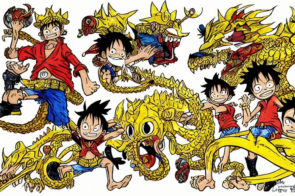 Image similar to concept sketches of luffy wearing a gold crown riding a large dragon by jamie hewlett, in the style of megaman, micro detail