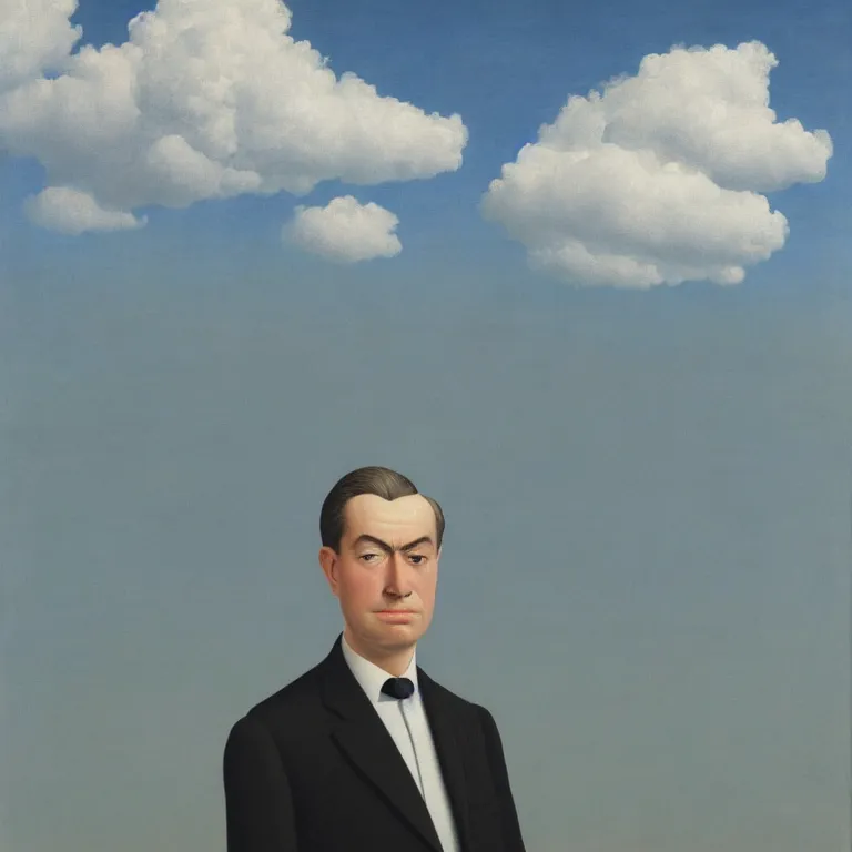 Prompt: portrait of a chrome - faced man in a suit, clouds in the background, by rene magritte, detailed painting, distance, centered, hd, hq, high resolution, high detail, 4 k, 8 k