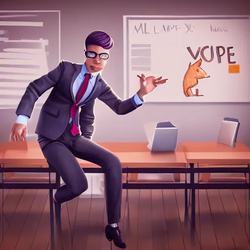 Image similar to award - winning extremely detailed fantasy art of a cute male anthropomorphic vulpes vulpes fulva teacher wearing suit working at a school, 4 k cinematic still photography, dramatic lighting, lifelike