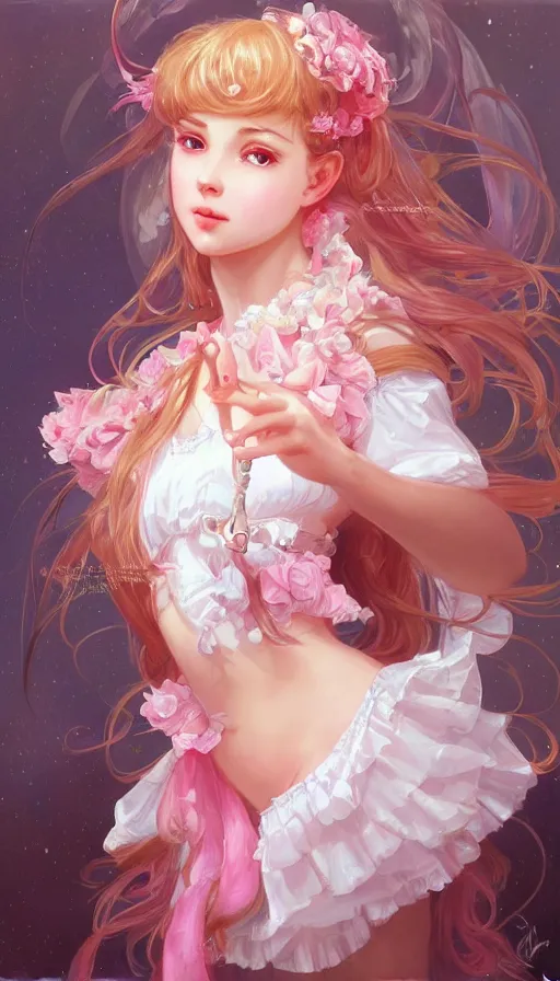 Image similar to portrait of magical lolita girl, dreamy and ethereal, expressive pose, pink eyes, peaceful expression, ornate frilly dress, fantasy, intricate, elegant, many rainbow bubbles, highly detailed, digital painting, artstation, concept art, smooth, sharp focus, illustration, art by artgerm and greg rutkowski and alphonse mucha