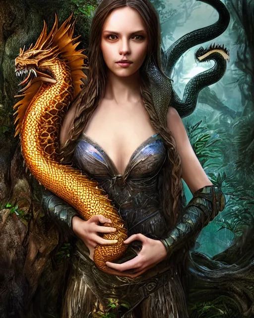 Prompt: portrait high definition photograph beautiful woman holding a dragon fantasy character art, hyper realistic, pretty face, hyperrealism, iridescence water elemental, snake skin armor forest dryad, woody foliage, 8 k dop dof hdr fantasy character art, by aleski briclot and alexander'hollllow'fedosav and laura zalenga
