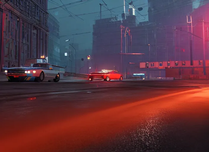 Image similar to gta in moscow, playstation 5 screenshot, mega details, dark night, orange lights, heavy rain, fog, beautiful rtx reflections, brutalism buildings, photorealistic, unreal engine 5, octane render, volumetric light, cg society, 4 k, bokeh, lada car, artstation