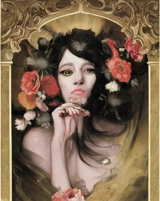 Prompt: a beautiful and eerie baroque painting of a beautiful but serious woman in layers of fear, in dead space, with haunted eyes and dark hair, 1 9 7 0 s, seventies, floral wallpaper, wilted flowers, a little blood, morning light showing injuries, delicate embellishments, painterly, offset printing technique, by robert henri, walter popp, alan lee