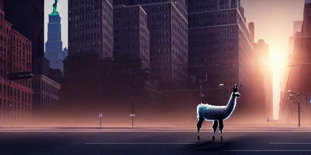 Image similar to a llama walking through a desolate manhattan city street at night, statue of liberty seen in the background, realistic 4 k octane beautifully detailed render, 4 k post - processing, highly detailed, detailed face, intricate complexity, epic composition, magical atmosphere, cinematic lighting, masterpiece, color picture, ultra hd