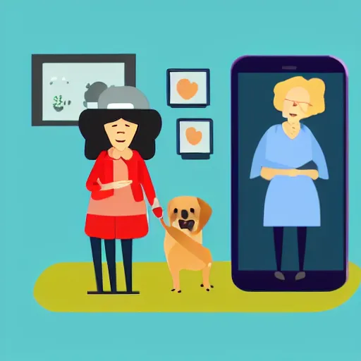 Prompt: a flat design illustration of a grandma with a dog. the grandma using a smart phone.