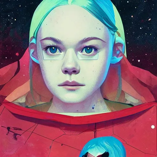 Prompt: Elle Fanning in Prey and Dead Space picture by Sachin Teng, asymmetrical, dark vibes, Realistic Painting, starry sky, Organic painting, Matte Painting, geometric shapes, hard edges, graffiti, street art:2 by Sachin Teng:4