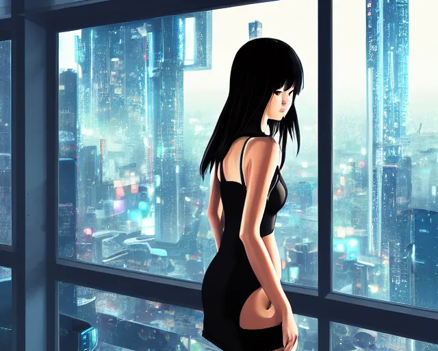 Prompt: young woman wearing a stylish black minidress looking through a penthouse window at a panoramic view of a cyberpunk city at night, bokeh lights, anime, ilya kuvshinov, guweiz, artstation trending, concept art, digital painting, cinematic, extreme detail, expansive