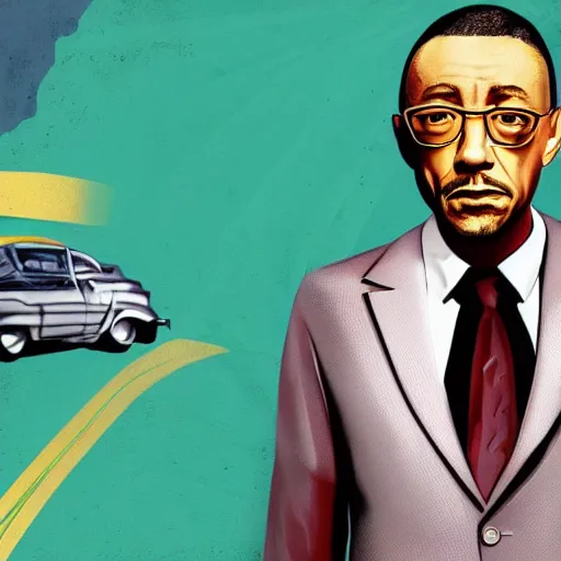Prompt: giancarlo esposito in the style of the gta v loading screen, accurate, 4 k