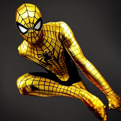 Image similar to gold spider - man suit with black web lining, cinematic, volumetric lighting, realistic, hyperdetailed, photorealistic, photograph