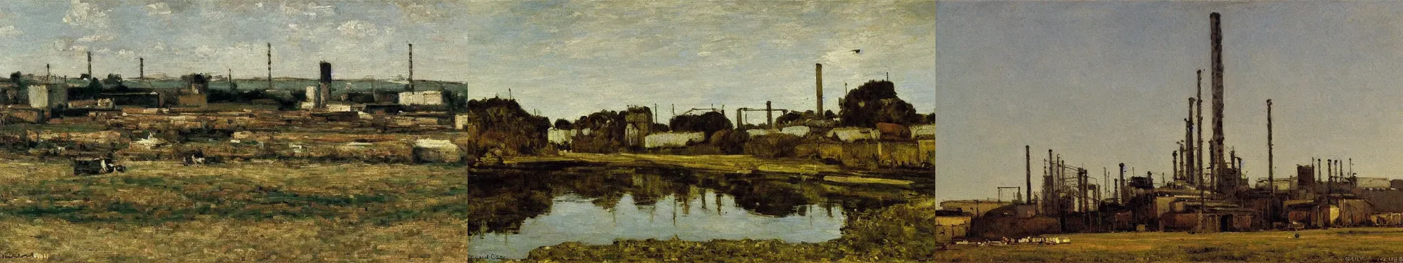 Prompt: High-Quality realist painting of a factory in Northern France by Gustave Courbet, peaceful, very detailed, oil on canvas.