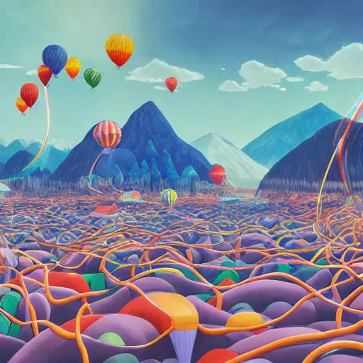 Prompt: inflatable landscape with forest, river and mountains in the middle of the frame colossal balloon with number 6 surrounded by colorful ribbons and party confetti , concept art, huge scale, high detail, sci fi by James Jean