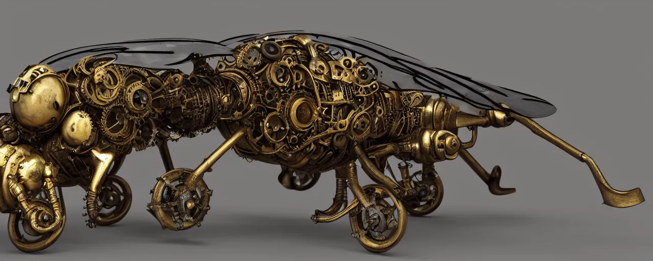 Prompt: brass steampunk housefly with stained glass wings. clockwork. gears, pipes. goggles. rivets. octane render. highly detailed.