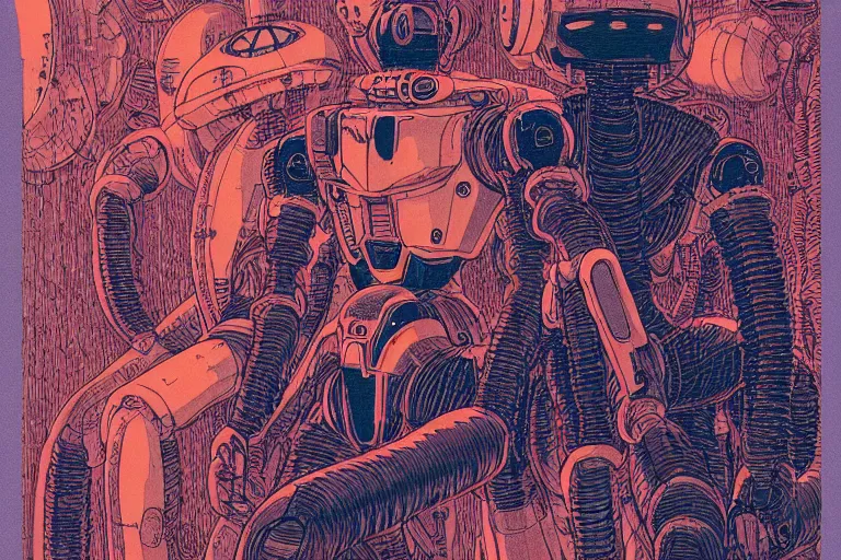 Prompt: risograph grainy drawing vintage sci - fi, satoshi kon color palette, gigantic gundam full - body covered with human bodies and wires, with lot tentacles, vermilion and black hues, codex seraphinianus painting by moebius and satoshi kon and dirk dzimirsky close - up portrait