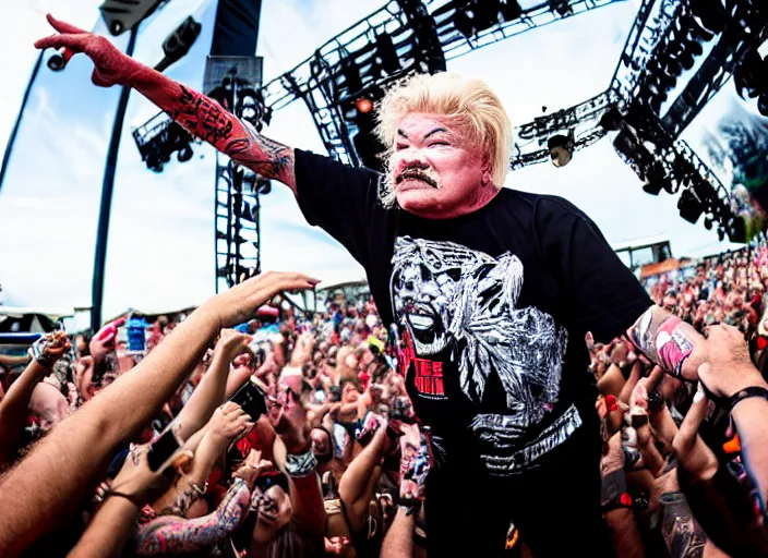 Image similar to photo still of rip taylor at vans warped tour!!!!!!!! at age 6 3 years old 6 3 years of age!!!!!!! stage diving at a crowd, 8 k, 8 5 mm f 1. 8, studio lighting, rim light, right side key light