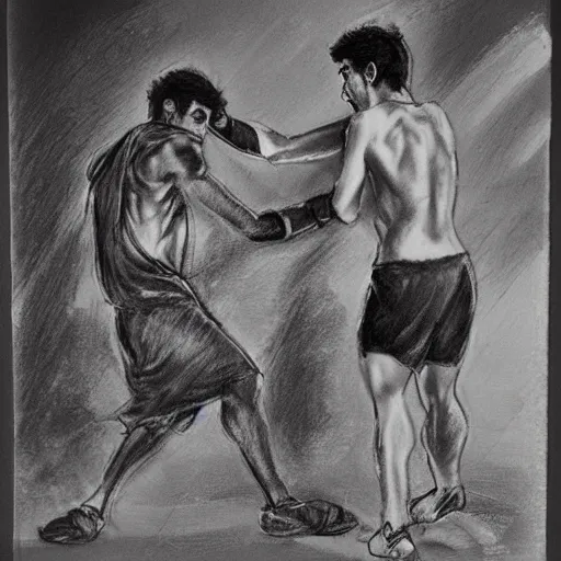 Prompt: 20 year old Mediterranean man fighting an 18 year old Mediterranean man, biblical clothing, highly realistic charcoal sketch