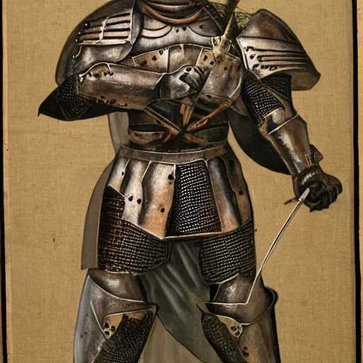 Image similar to a full body armored knight with arrows in his armor, broken, blood, middle range