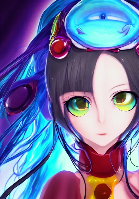 Prompt: eyes, portrait of a beautiful slime woman by aramaki shinji, tsurumaki kazuya, smug, 8 k, hd, saturated, flcl, hyperreality, fate grand order, symmetry