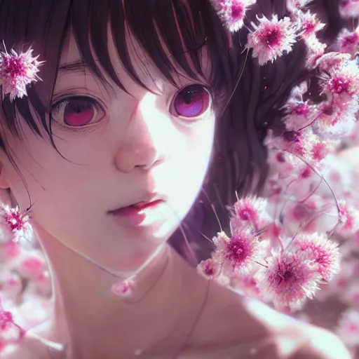 Prompt: terrifying closeup portrait of a beautiful carefree catgirl covered in strings of flowers, by katsuhiro otomo, yoshitaka amano, nico tanigawa, artgerm, greg rutkowski makoto shinkai takashi takeuchi rendered with intense 3 d effect reflective shadowing, cinematic lighting, hyperrealistic illustration uhd 8 k