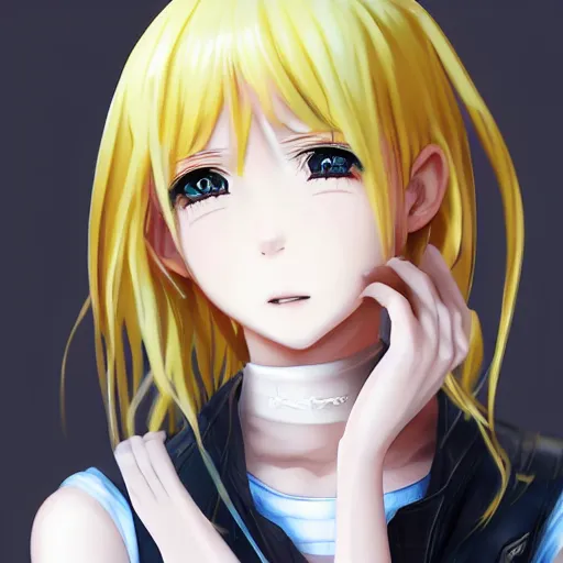 Prompt: “an anime waifu, waifu is crying, she has blonde hair, covered in sauce hyperrealistic, unreal engine, hyper detailed, pixiv”