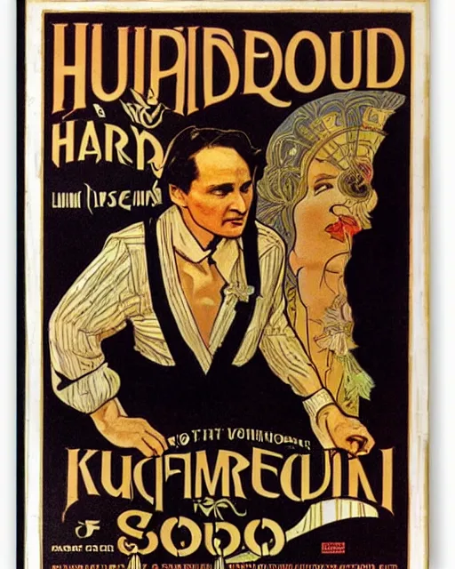 Image similar to of vintage poster of harry houdini by kerne erickson and alphonse mucha