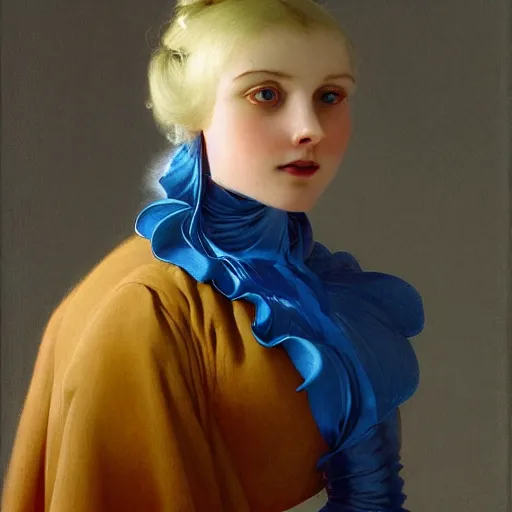 Prompt: young woman's face, her hair is white and she wears a cobalt blue duchesse satin cloak, by moebius and syd mead and roger dean and gaston bussiere and ivan aivazovsky and aelbert cuyp and willem claesz and pieter claesz and paul delaroche and alma tadema, hyperrealistic, volumetric light, octane