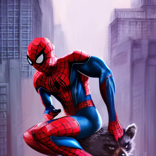 Image similar to spider - man sit on the raccoon and eating donuts, concept art, trending on artstation, highly detailed, intricate, sharp focus, digital art, 8 k