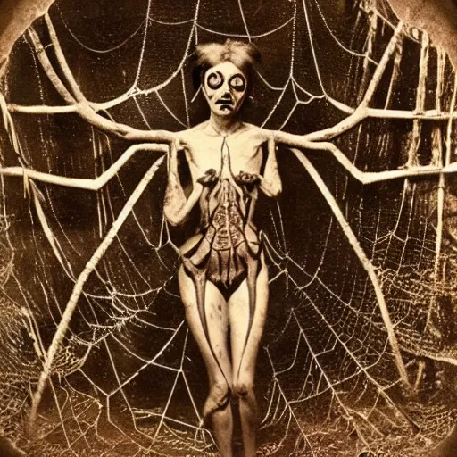 Image similar to 1860 photo of an old freak show spider-woman, on the middle of a forest, spooky , veins, arteries, intricate, golden ratio, full frame, elegant, highly detailed, ornate, ornament, sculpture, elegant , luxury, beautifully lit, ray trace, 3d, PBR