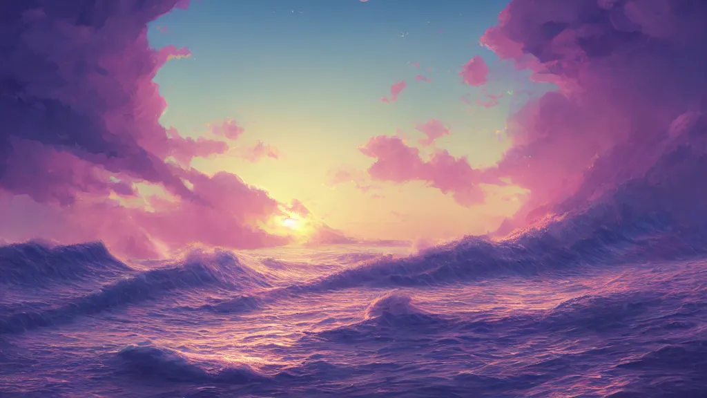 Prompt: a pink beach with impossibly large waves crashing against the shoreline, beautiful twilight sunset background, by sylvain sarrailh, rossdraws, ambient light, ultra detailed, fantasy artwork, 8 k, volumetric lighting, trending on artstation, award winning, very beautiful.