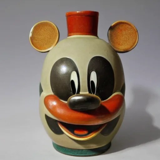 Prompt: vase work, Ancient vase art of Mickey Mouse in art style of chinese art, fragmented clay firing chinese vase with an Mickey Mouse in the style of ancient chinese art, ancient chinese art!!!!! chinese art