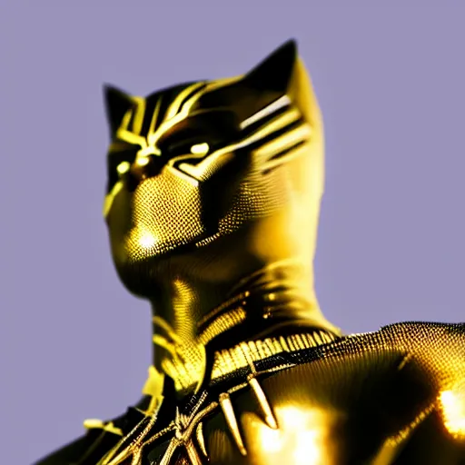 Image similar to a close up photo of a detailed golden statue of Black Panther, 8K,