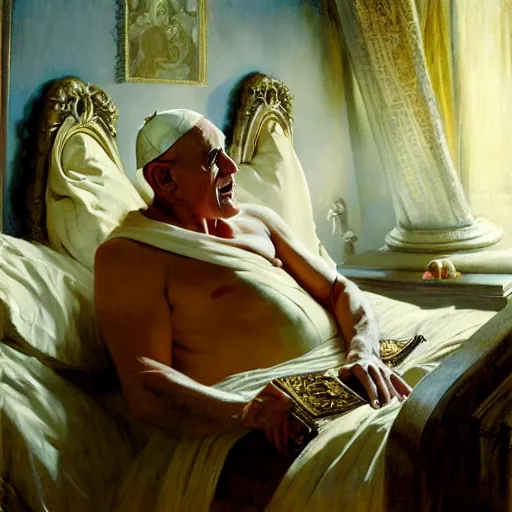 Image similar to the pope wakes up is his bed, sweating, nervous, terrified, because a double horned shadow demon lurks in the papal bedroom. highly detailed painting by gaston bussiere, j. c. leyendecker, greg rutkowski, craig mullins 8 k