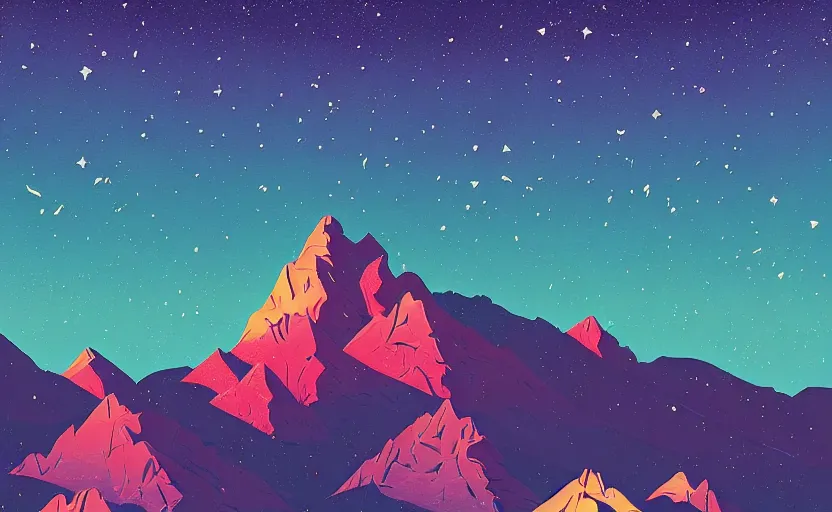 Prompt: mountains, stars and paisley filled sky, artstation, intricate, highly detailed, digital painting, concept art, sharp focus, illustration by Tom Whalen and Charles Williams