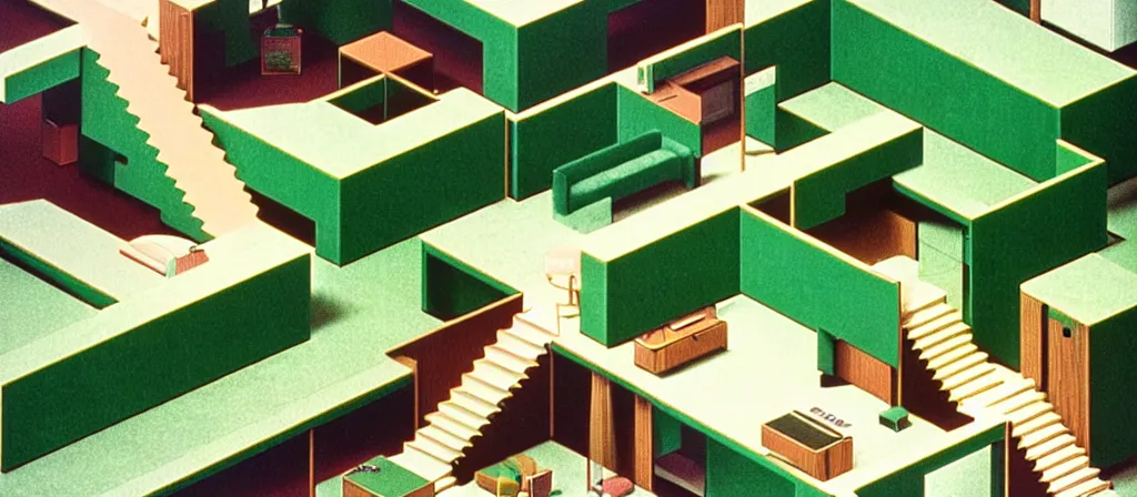 Image similar to huge sprawling gargantuan angular dimension of infinite indoor landscape 7 0 s green velvet and wood with metal office furniture. surrealism, mallsoft, vaporwave. muted colours, 7 0 s office furniture catalogue, shot from above, endless, neverending epic scale by escher and ricardo bofill