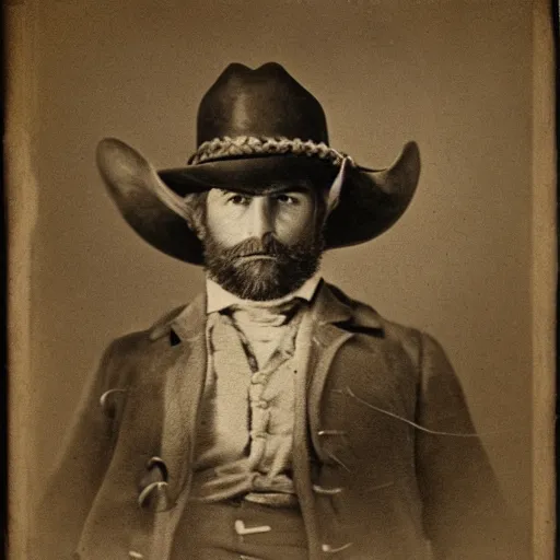 Prompt: real-life face portrait short stubble beard cowboy skinny masculine Brad pit as Arthur Morgan furrowed brown from red dead redemption 2 dramatic lighting late 1800s Daguerreian photo by Mathew Brady