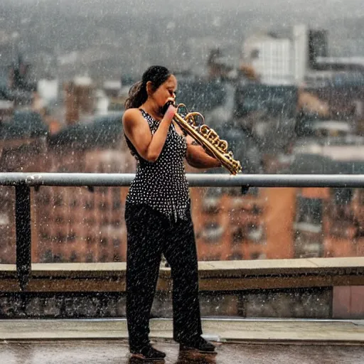 Image similar to a woman playing the saxophone on the roof of a building while it's raining, photo, golden hour