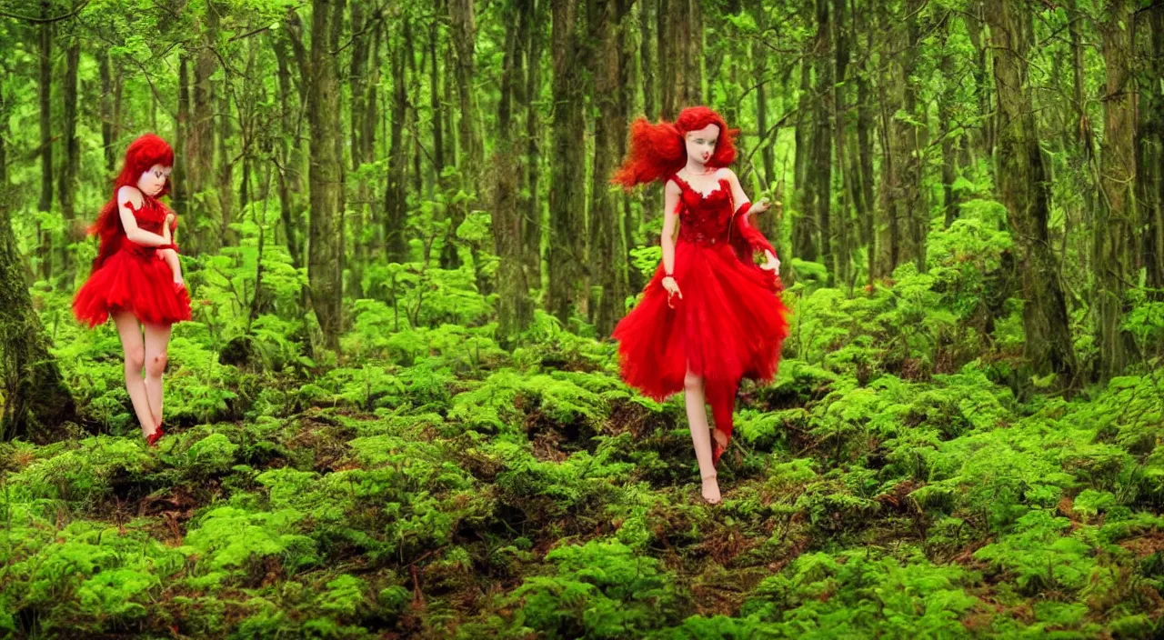 Prompt: a red fairy with pointy ears being in a green forest