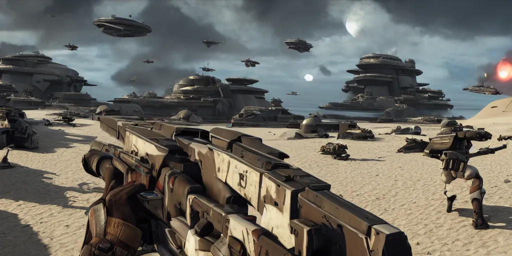 Prompt: screenshot of shore troopers, on scarif, ea star wars battlefront 2015