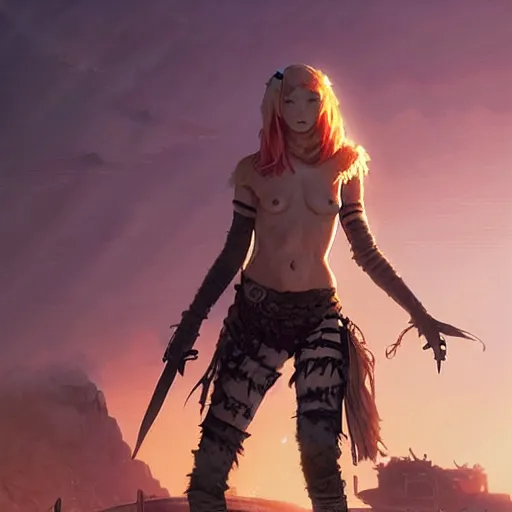 Image similar to highly detailed portrait young skinny christina hendricks in mad max dressed as a barbarian fighter, stephen bliss, unreal engine, fantasy art by greg rutkowski, loish, rhads, ferdinand knab, makoto shinkai and lois van baarle, ilya kuvshinov, rossdraws, tom bagshaw, global illumination, radiant light, detailed and intricate environment